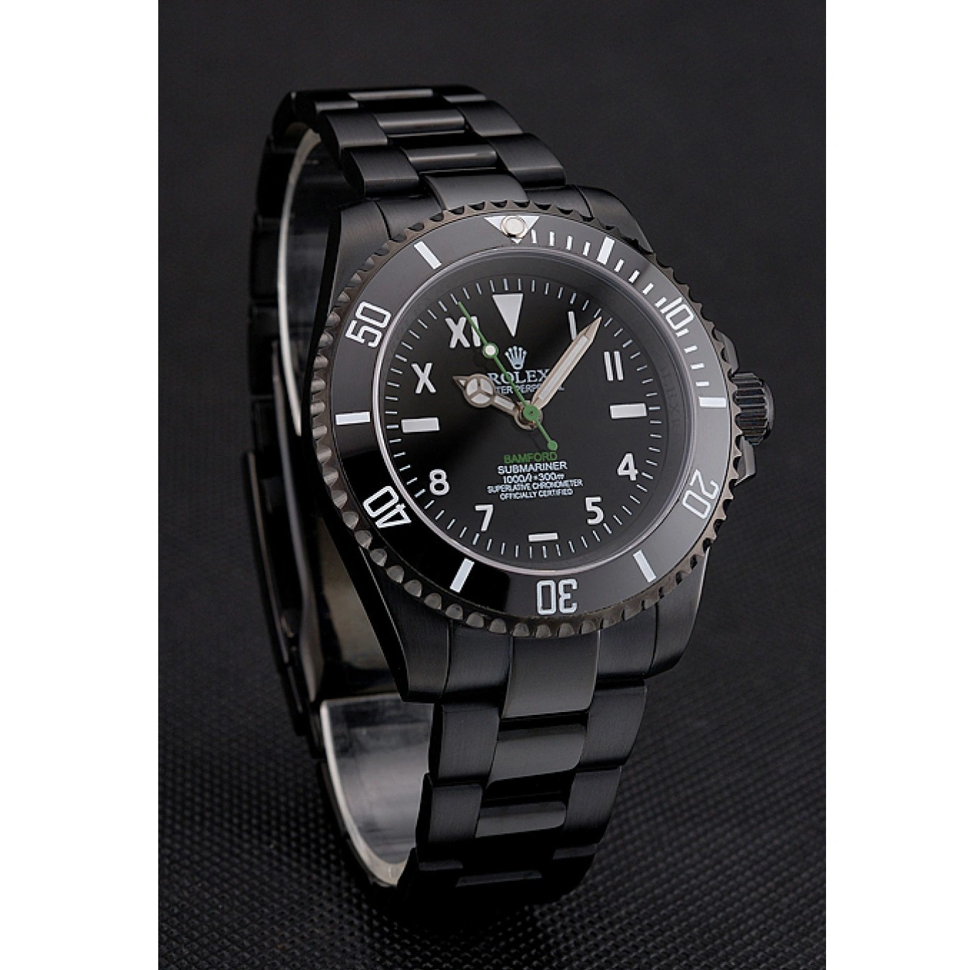 MiroTime 1025 Rolex Bamford Submariner Black Dial Roman Numerals Black Ionized Case And Bracelet